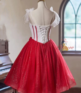 Red Tulle Sequins Straps Flower Homecoming Dress