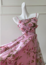 Pink Tulle Print 3D Flower Prom Dress