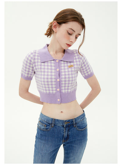 Flower Button Lapel Plaid Short Sleeve Sweater