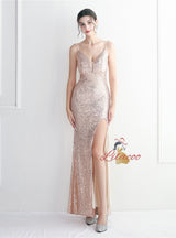 Straps Sequins Split Prom Dress