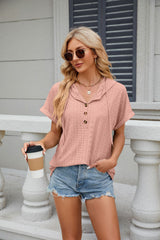 Solid Color Button Hooded Loose Short Sleeve T-shirt