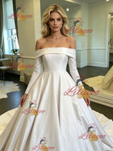 White Satin Off the Shoulder Long Sleeve Wedding Dress