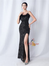 Sequins Mermaid Straps Feather Prom Dress