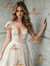 Ivory Tulle Lace V-neck Backless Wedding Dress