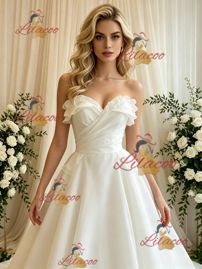 Beige White Tulle Strapless Wedding Dress