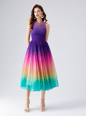 Rainbow Pleats Silm Waist Dress
