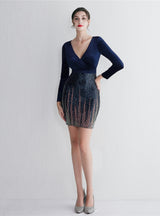 Velvet Long Sleeve V-neck Mini Prom Dress