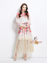 Printed Lantern Sleeve Printed Shirt+Lace Skirt Two-piece Suit