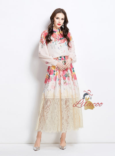 Printed Lantern Sleeve Printed Shirt+Lace Skirt Two-piece Suit