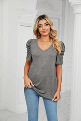 Loose Pleated V-neck Short Sleeve T-shirt