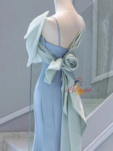 Blue Mermaid Straps Bow Prom Dress