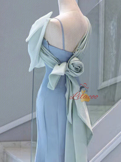 Blue Mermaid Straps Bow Prom Dress
