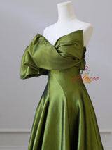 Green Satin Strapless Pleats Prom Dress