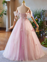 Pink Tulle Pleats Butterfly Prom Dress