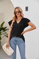 Solid Color V-neck Short Sleeve Loose T-shirt