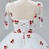 White Tulle Cherry Print Pleats Prom Dress
