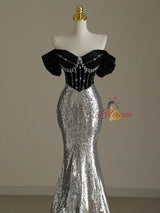 Silver Mermaid Sequins Beading Prom Dress