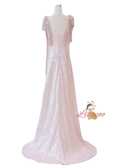 Pink Sequins Straps Prom Dress