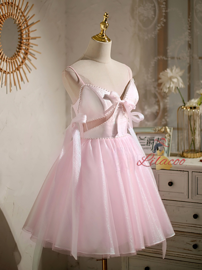 Pink Spaghetti Straps Pearls Homecoming Dress