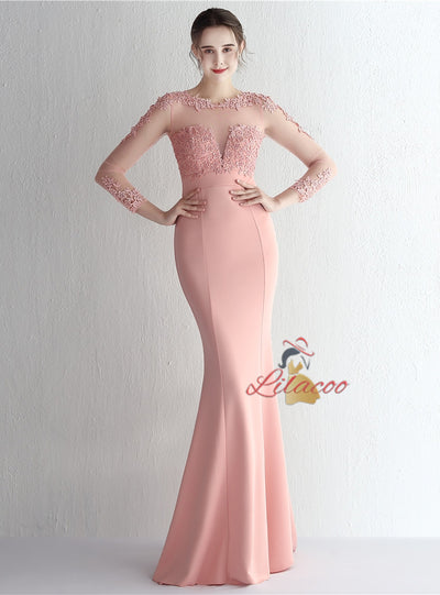 Long Sleeve Mermaid Appliques Prom Dress