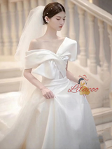 White Satin Off the Shoulder Pleats Wedding Dress