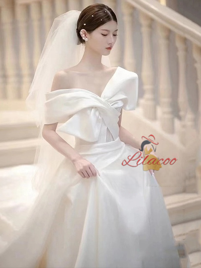 White Satin Off the Shoulder Pleats Wedding Dress