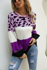 Spliced Leopard Print Round Neck Sweater