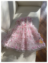 Pink Sequins Strapless Flower Prom Dress