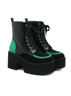 Contrasting Serpentine Embossed Thick-soled Heel Booties