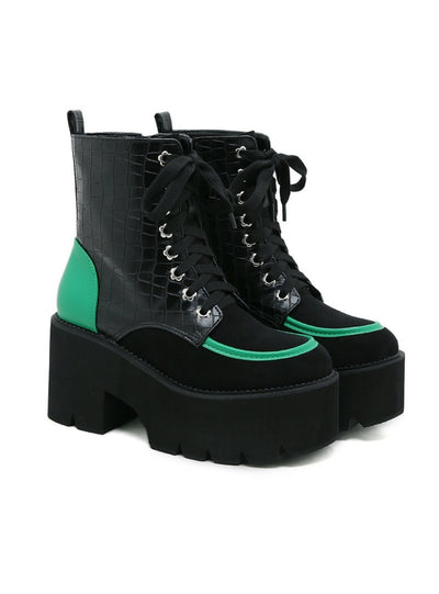 Contrasting Serpentine Embossed Thick-soled Heel Booties