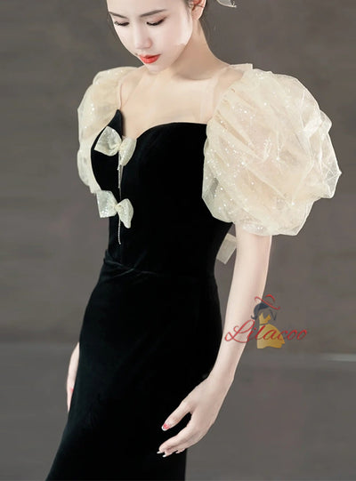 Black Mermaid Velvet Puffy Sleeve Prom Dress