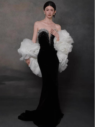 Burgundy Velvet Pearls Prom Dress