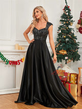 Black Satin Sequins Long Prom Dress