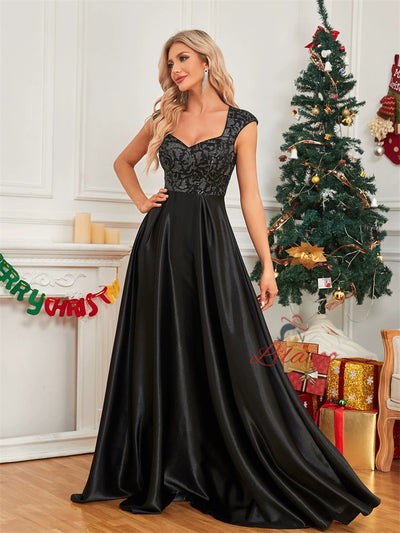 Black Satin Sequins Long Prom Dress