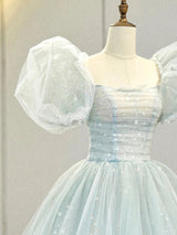 Light Blue Tulle Sequins Puff Sleeve Pleats Prom Dress