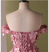 Pink Tulle Off the Shoulder 3D Flower Prom Dress