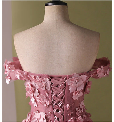 Pink Tulle Off the Shoulder 3D Flower Prom Dress