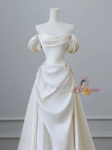 Ivory Satin Off the Shoulder Pleats Wedding Dress