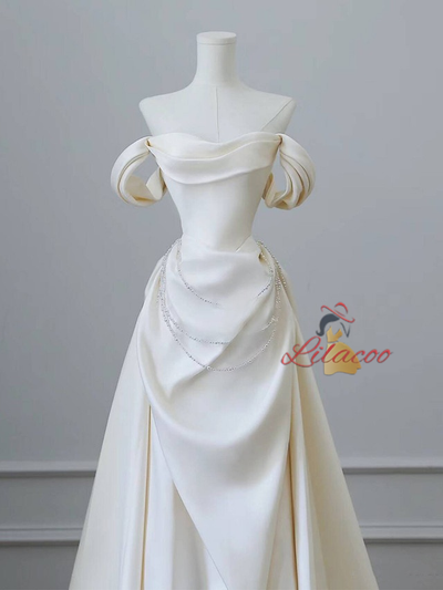 Ivory Satin Off the Shoulder Pleats Wedding Dress