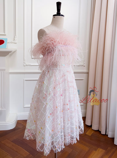 Pink Sequins Strapless Feather Prom Dress