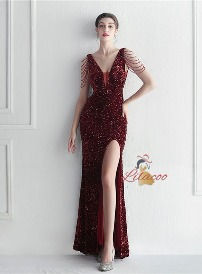 V-neck Mermaid Sequins Prom Dress