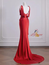 Red Mermaid Satin Pleats Prom Dress