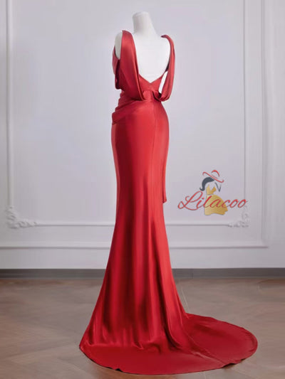 Red Mermaid Satin Pleats Prom Dress
