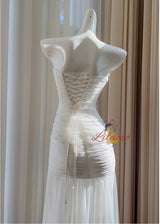 White Tulle Strapless Pleats Prom Dress