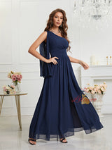 Navy Blue Chiffon One Shoulder Prom Dress