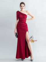 One Shoulder Split Pleats Lace Prom Dress