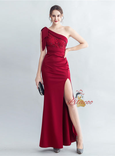 One Shoulder Split Pleats Lace Prom Dress