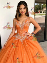 Orange Tulle V-neck Beading Quinceanera Dress