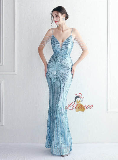 Spaghetti Straps Mermaid Beading Prom Dress
