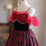 Burgundy Print Spaghetti Straps Homecoming Dress